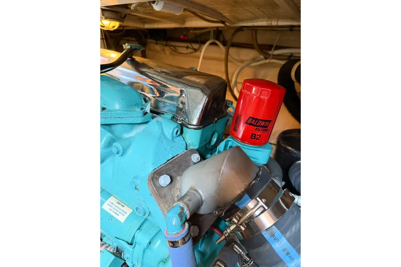 Slide: The Image of Engine compartment of 1991 Grand Banks 36 Classic with Baldwin filter. - 94