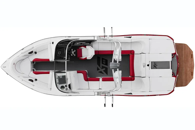Slide: The Image of Manufacturer Provided Image: 2018 MasterCraft XT25 boat, top view, white and red interior, spacious seating. - 28