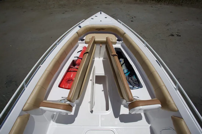 Slide: The Image of 2020 Glasstream 328 Pro-XS boat with dual 350 horsepower engines, parked on gravel. - 8
