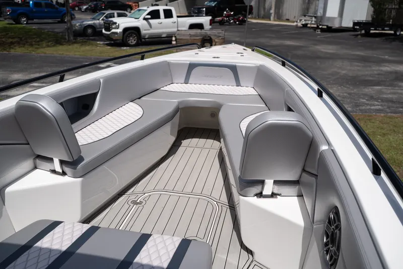 Slide: The Image of Interior of Concept 36 boat, 2023 model, featuring gray upholstery. - 16