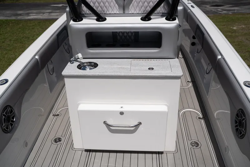 Slide: The Image of Interior of Concept 36 boat, 2023 model, featuring sink and storage. - 26