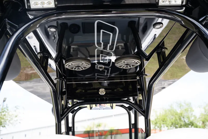 Slide: The Image of Underside of Concept 36 boat canopy with speakers, 2023 model. - 28