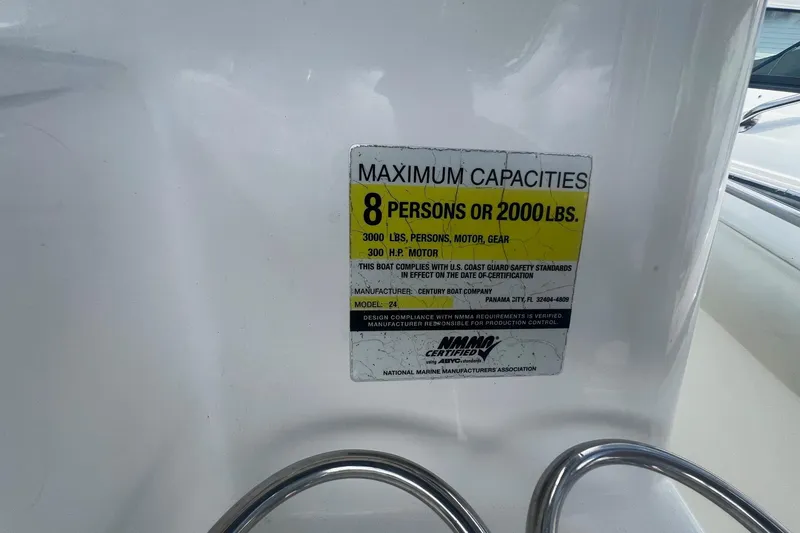 Slide: The Image of 2007 Century 2400 Center Console boat capacity label, max 8 persons or 2000 lbs. - 16