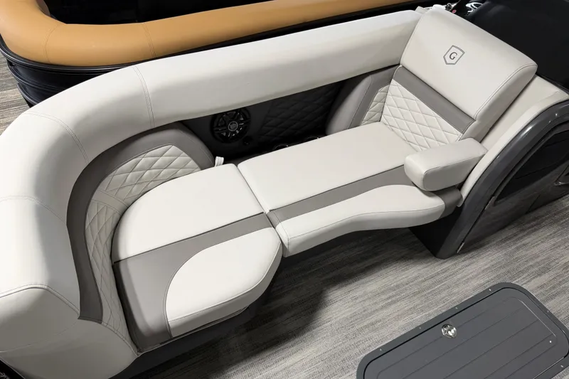 Slide: The Image of Luxurious seating on the 2026 Godfrey Monaco 235 SFL pontoon boat, featuring elegant upholstery. - 6