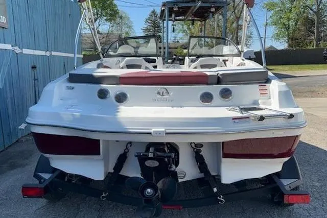 Slide: The Image of 2018 Tahoe 500 TF boat, white exterior, parked outdoors, rear view. - 5