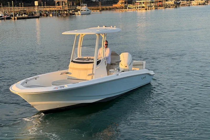 Slide: The Image of 2023 Boston Whaler 220 Dauntless boat cruising on calm waters near a marina. - 15