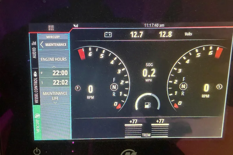 Slide: The Image of Dashboard display of a 2025 SeaVee 270Z boat showing engine hours and speed. - 33