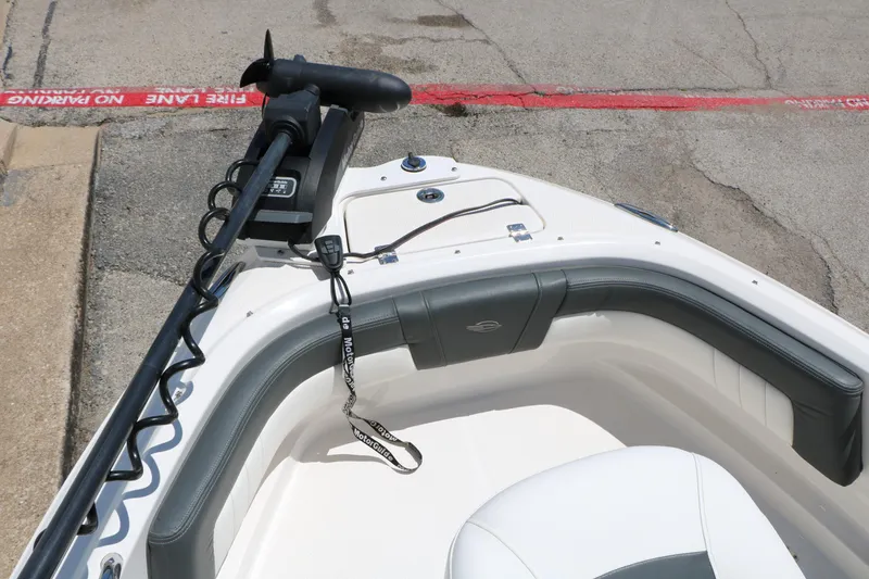 Slide: The Image of 2023 Chaparral 21 SSi Ski & Fish boat with trolling motor, docked near a "No Parking" zone. - 26