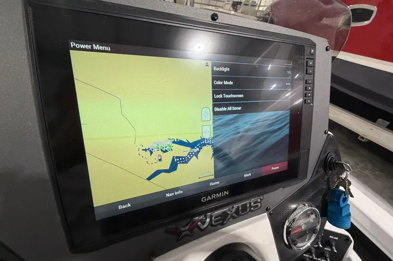 Slide: The Image of Garmin navigation display on 2020 Vexus AVX 2080 boat, showing map and settings menu. - 18
