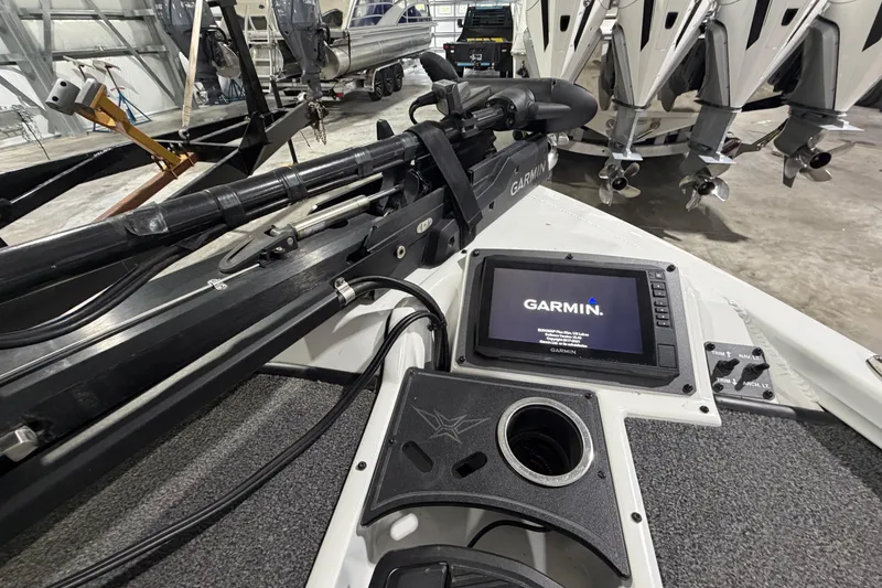 Slide: The Image of 2020 Vexus AVX 2080 boat with Garmin navigation system and trolling motor in a showroom. - 22