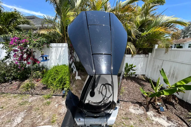 Slide: The Image of 2020 Cobalt 23SC boat engine in a tropical garden setting. - 100