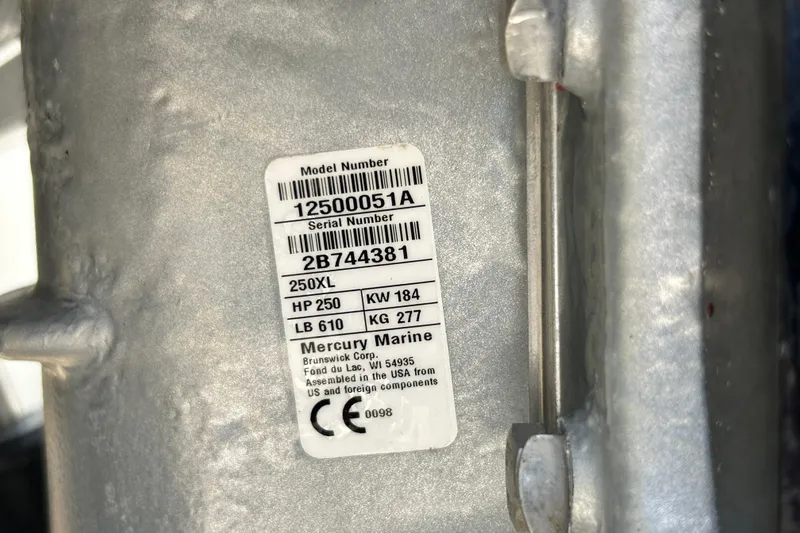 Slide: The Image of Mercury Marine engine label on a 2020 Cobalt 23SC, showing model and serial numbers. - 110