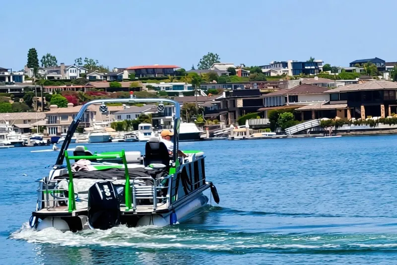 Slide: The Image of 2023 South Bay 525UL AR pontoon boat cruising on a scenic waterfront. - 12
