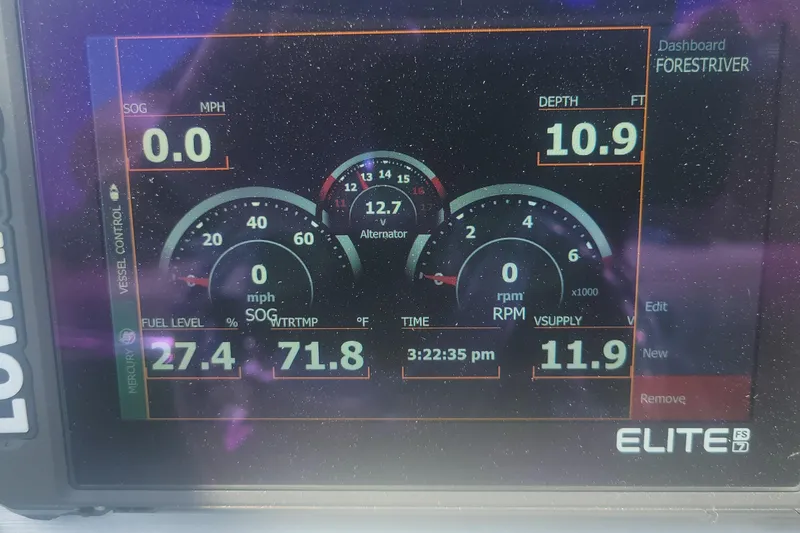 Slide: The Image of Dashboard display of a 2023 South Bay 525UL AR boat, showing speed, depth, and fuel level. - 21