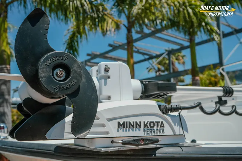 Slide: The Image of Minn Kota Terrova motor on 2016 Boston Whaler 210 Montauk boat, sunny day. - 3