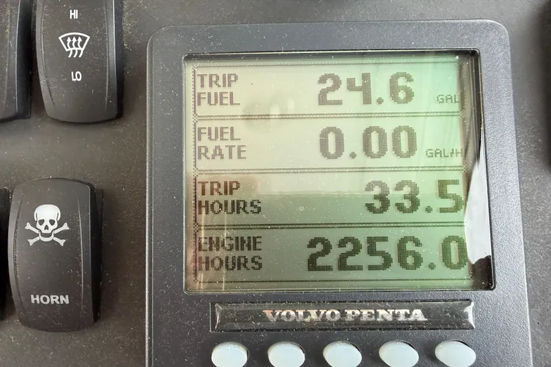 Slide: The Image of Volvo Penta display on 2007 Nordic Tug 32 showing fuel and engine hours. - 4