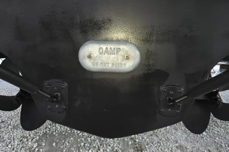 Slide: The Image of 2001 Sea Ray 400 Sedan Bridge boat hull with zinc anode labeled "CAMP." - 59