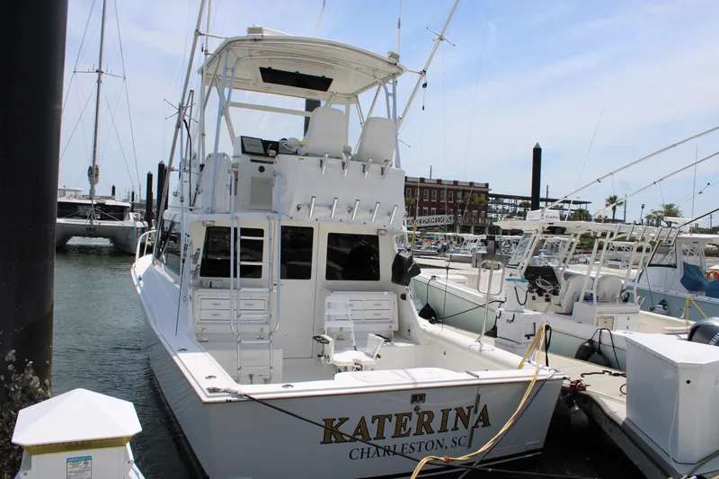 Slide: The Image of 2001 Cabo 35 Flybridge boat docked in marina, Charleston, SC. - 10