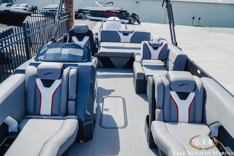Slide: The Image of Luxurious 2026 Evotti 723CS boat interior with modern seating at Lake Norman Marina. - 13