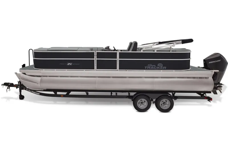 Slide: The Image of 2026 Sun Tracker Party Barge 24 XP3 interior seating with gray upholstery. - 12