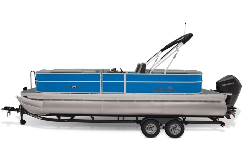 Slide: The Image of 2026 Sun Tracker Party Barge 24 XP3 pontoon boat with sleek black exterior. - 4