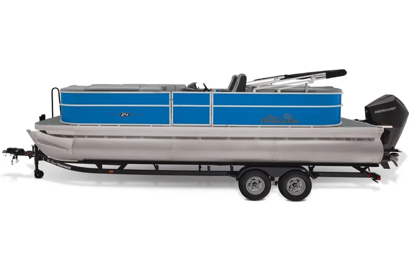 Slide: The Image of 2026 Sun Tracker Party Barge 24 XP3 interior with steering wheel and seating. - 5