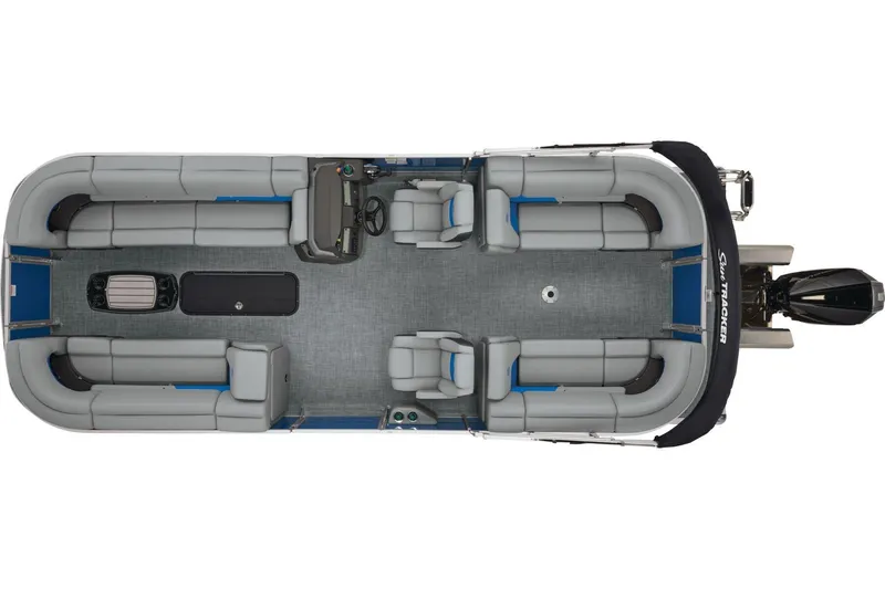 Slide: The Image of 2026 Sun Tracker Party Barge 24 XP3 interior with steering console and seating. - 7