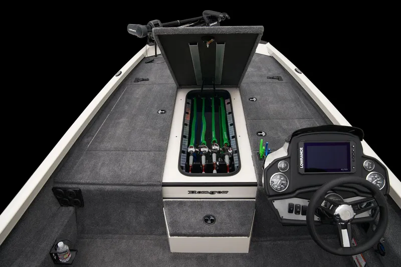 Slide: The Image of 2026 Ranger RT198P boat interior with steering wheel, dashboard, and seating. - 19