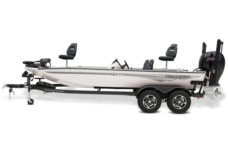 Slide: The Image of 2026 Ranger RT198P boat on trailer, parked outdoors, surrounded by trees and other boats. - 2