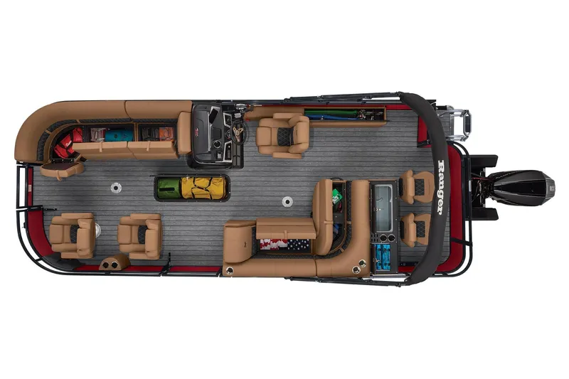 Slide: The Image of Top view of 2026 Ranger 223FC boat interior layout with seating and storage. - 5