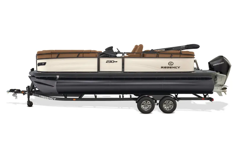 Slide: The Image of 2026 Regency 230 DL boat interior with tan leather seating and modern design. - 3
