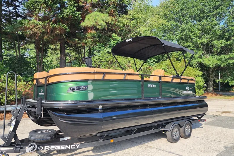 The Image of 2026 Regency 230 DL pontoon boat on trailer, surrounded by lush greenery. - 0