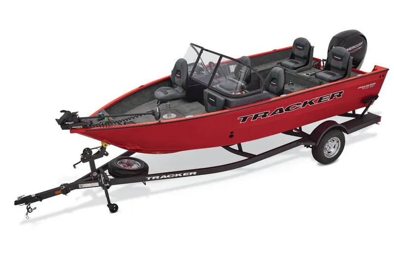 The Image of 2026 Tracker Pro Guide V-175 Combo boat on trailer, parked outside a service center. - 0