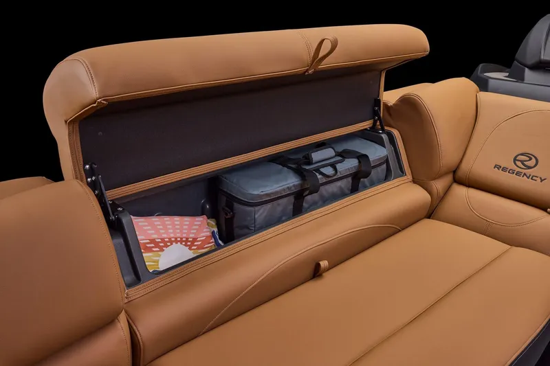 Slide: The Image of Luxurious seating on 2026 Regency 230 DL boat with tan upholstery and spacious layout. - 16