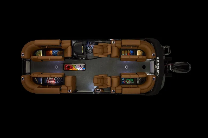 Slide: The Image of 2026 Regency 230 DL boat on trailer with Tracker Boats sign above. - 7