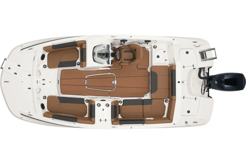 Slide: The Image of 2026 Tahoe 1950 boat interior with tan and black seating, open deck, and canopy. - 8