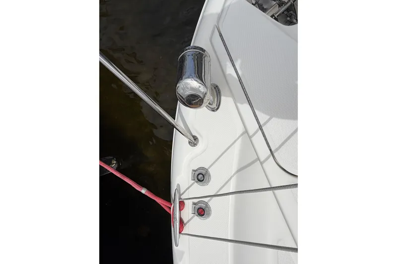 Slide: The Image of Close-up of 2012 Sea Ray Sundancer 350 boat deck with chrome fittings. - 61