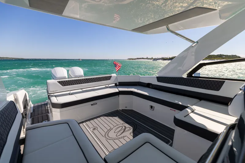 Slide: The Image of Luxurious interior of the 2024 Cobalt R35 yacht on open water. - 17