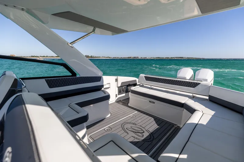 Slide: The Image of Luxurious interior of Cobalt R35 yacht, 2024 model, on open water. - 18