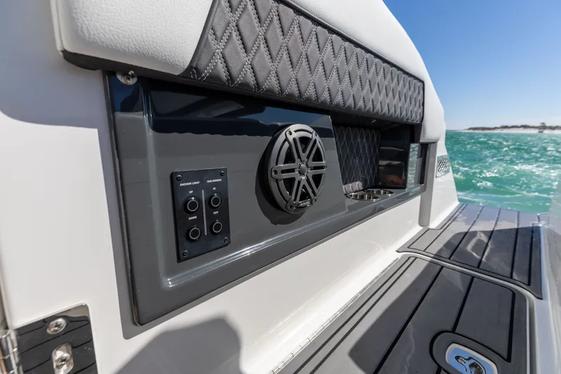 Slide: The Image of Cobalt R35 2024 boat with speaker and control panel on deck. - 29