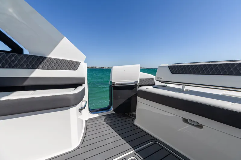 Slide: The Image of Interior of 2024 Cobalt R35 boat with ocean view. - 30