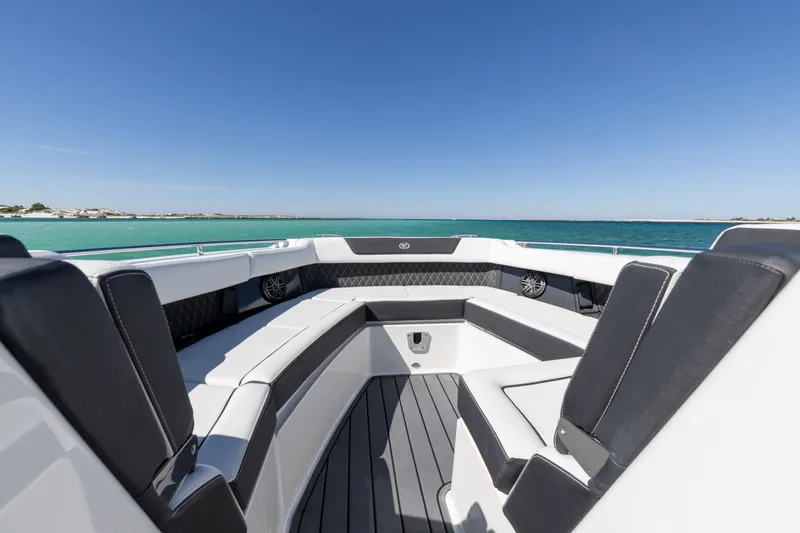 Slide: The Image of Luxurious interior of Cobalt R35 boat, 2024 model, on open sea. - 36