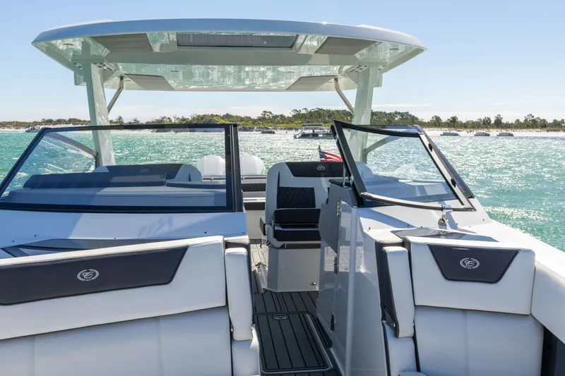 Slide: The Image of 2024 Cobalt R35 boat on open water with modern design. - 42