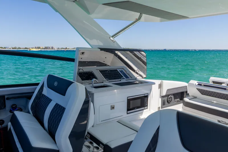 Slide: The Image of Interior of 2024 Cobalt R35 yacht with ocean view. - 49