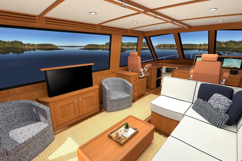 Slide: The Image of Luxurious interior of 2027 Hunt Yachts 56 Ocean Express with panoramic windows and elegant seating. - 11