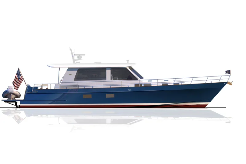 Slide: The Image of 2027 Hunt Yachts 56 Ocean Express, sleek blue design, side view with American flag. - 18