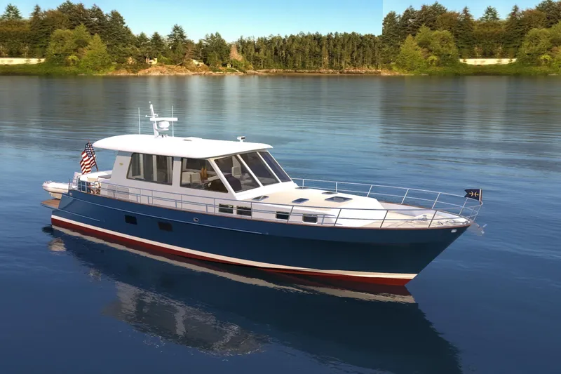 Slide: The Image of Hunt Yachts 2027 model 56 Ocean Express cruising on serene waters. - 8