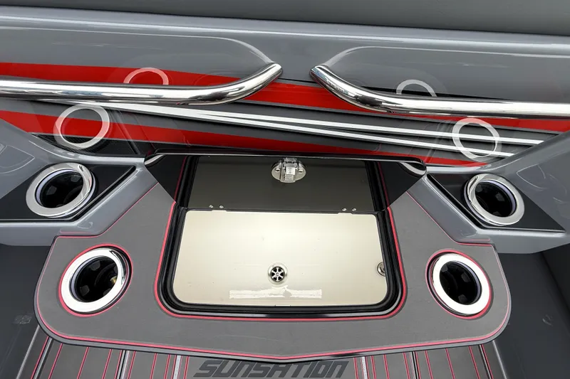 Slide: The Image of 2025 Sunsation 32 CCX boat interior with sleek design and cup holders. - 10