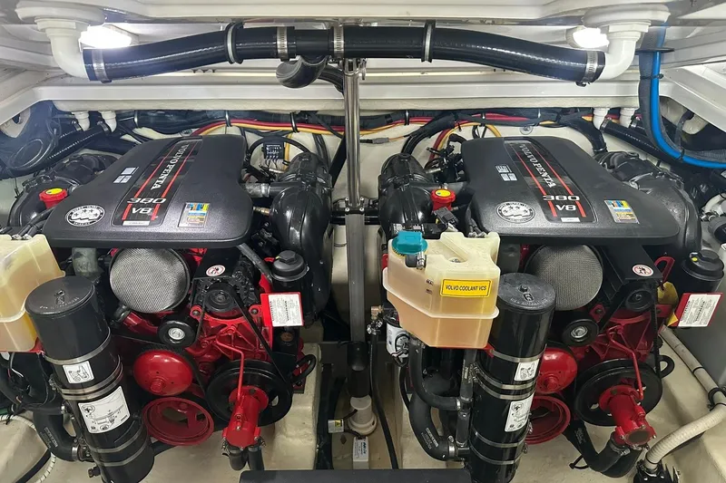 Slide: The Image of Engine room of a 2017 Monterey 360 Sport Coupe with dual Volvo Penta V8 engines. - 77