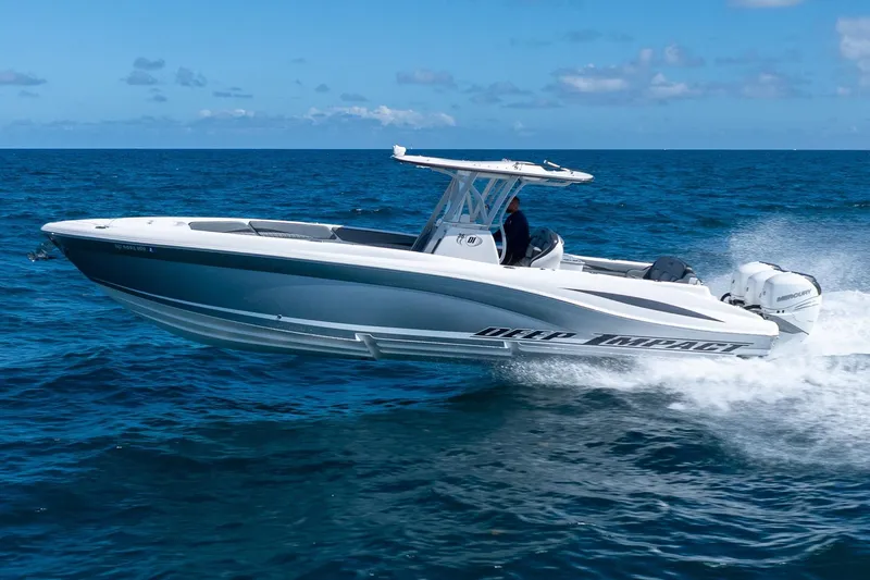 The Image of 2019 Deep Impact 369 Sport boat cruising on open ocean waters. - 0